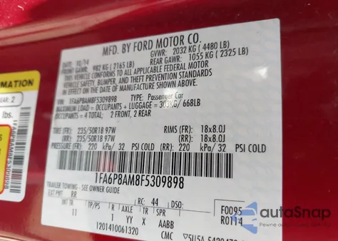 2015 Ford Mustang V6 from USA, damaged, VIN 1FA6P8AM8F5309898